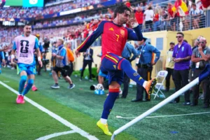 (Spain’s Ferran Torres (7) celebrates scoring their first goal during the World Cup final soccer match between Spain and Argentina in East Rutherford, N.J., near New York, Sunday, July 19, 2026. AP Photo: Julio Cortez)