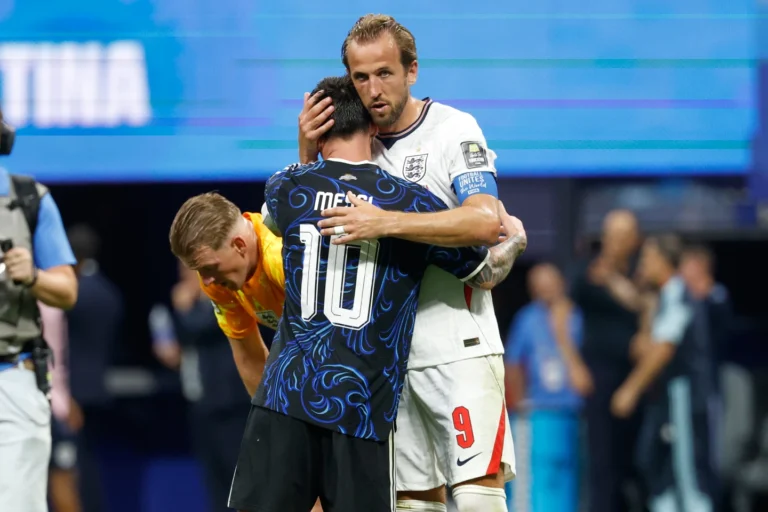(Argentina's Lionel Messi (10) and England's Harry Kane (9) embrace after the World Cup semifinal soccer match between England and Argentina in Atlanta, Wednesday, July 15, 2026. (AP Photo/Erik S. Lesser)