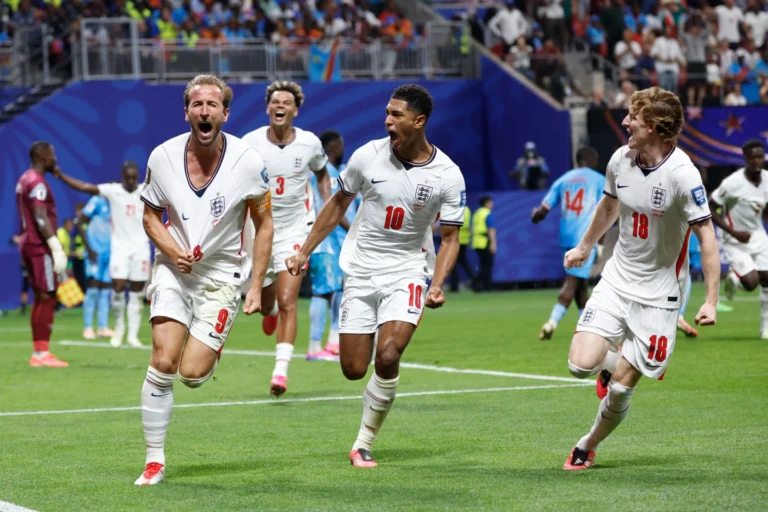 (England's Harry Kane (9) celebrates after scoring his side's first goal next to his teammate Jude Bellingham (10) during the World Cup round of 32 soccer match between England and Congo in Atlanta, Wednesday, July 1, 2026. AP Photo: Butch Dill)