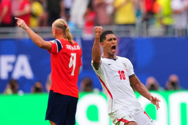 (England’s Jude Bellingham celebrates scoring his side’s opening goal against Norway during a World Cup quarterfinal soccer match in Miami Gardens, Fla., Saturday, July 11, 2026.  AP Photo: Julio Cortez)