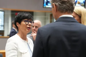 (European Commissioner for Enlargement Marta Kos, left, speaks with Lithuania’s Foreign Minister Kestutis Budrys, center, and European Union foreign policy chief Kaja Kallas, right, during a round table meeting of EU foreign ministers in Brussels, Monday, July 13, 2026. AP Photo: Marius Burgelman)