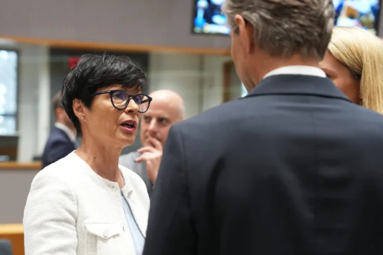 (European Commissioner for Enlargement Marta Kos, left, speaks with Lithuania’s Foreign Minister Kestutis Budrys, center, and European Union foreign policy chief Kaja Kallas, right, during a round table meeting of EU foreign ministers in Brussels, Monday, July 13, 2026. AP Photo: Marius Burgelman)