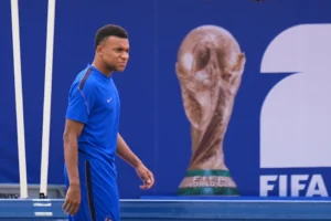 (France’s Kylian Mbappe participates in a training session ahead of the team’s semifinal soccer match against Spain, Monday, July 13, 2026, in Dallas.  AP Photo: Julio Cortez)