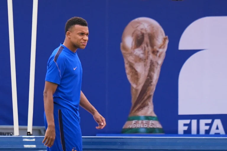 (France’s Kylian Mbappe participates in a training session ahead of the team’s semifinal soccer match against Spain, Monday, July 13, 2026, in Dallas.  AP Photo: Julio Cortez)