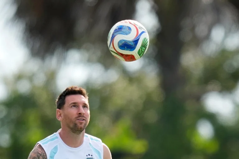(Argentina's Lionel Messi looks at the ball during a training session on the eve of the team's World Cup Round of 32 match against Cape Verde in Fort Lauderdale, Florida, on Thursday, July 2, 2026. AP Photo: Rebecca Blackwell)