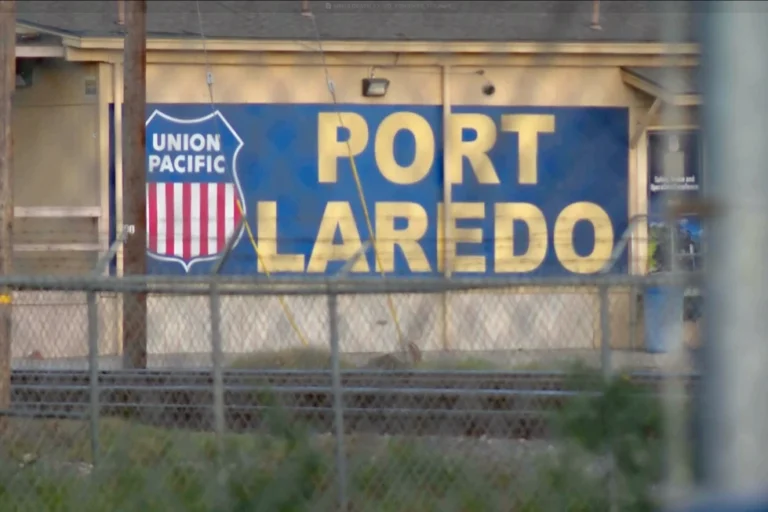 (In this image taken from video footage provided by KGNS, Union Pacific signage is displayed at a rail yard in Laredo, Texas, May 10, 2026. File Photo: KGNS via AP)