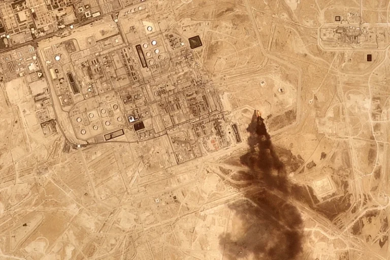(This satellite image provided by Planet Labs PBC on July 27, 2026 shows smoke rising from the Saudi Aramco oil processing facility in Abqaiq, Saudi Arabia, 2026. (Planet Labs PBC via AP)
