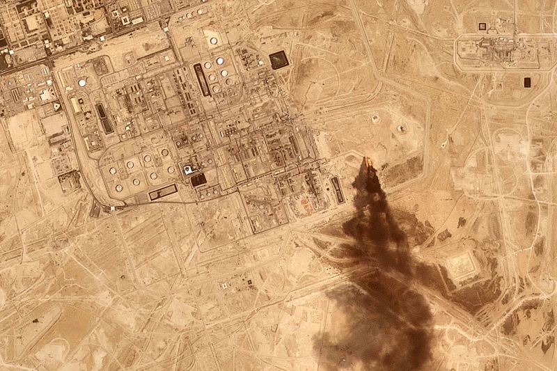 (This satellite image provided by Planet Labs PBC on July 27, 2026 shows smoke rising from the Saudi Aramco oil processing facility in Abqaiq, Saudi Arabia, 2026. (Planet Labs PBC via AP)