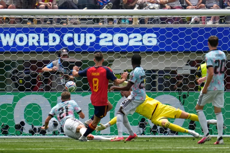 (Spain’s Fabian Ruiz (8) scores their opening goal during the World Cup quarterfinal soccer match between Spain and Belgium in Inglewood, Calif., near Los Angeles, Friday, July 10, 2026.  AP Photo: Gregory Bull)