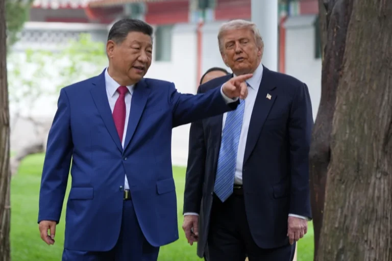 (President Donald Trump talks with China’s President Xi Jinping at the Zhongnanhai leadership compound, May 15, 2026, in Beijing. (AP File Photo/Mark Schiefelbein, Pool)