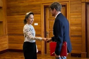(A photo released Monday by Myanmar’s military-backed government shows detained former leader Aung San Suu Kyi, left, meeting with Arnaud de Baecque of the International Committee of the Red Cross in Naypyitaw. Photo: Myanmar President Office via AP)