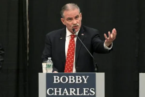 (Maine Republican gubernatorial candidate Bobby Charles fields a question during a debate of Republican candidates for governor in Bangor, Maine, on March 24, 2026. (Rich Abrahamson/The Central Maine Morning Sentinel via AP, File)