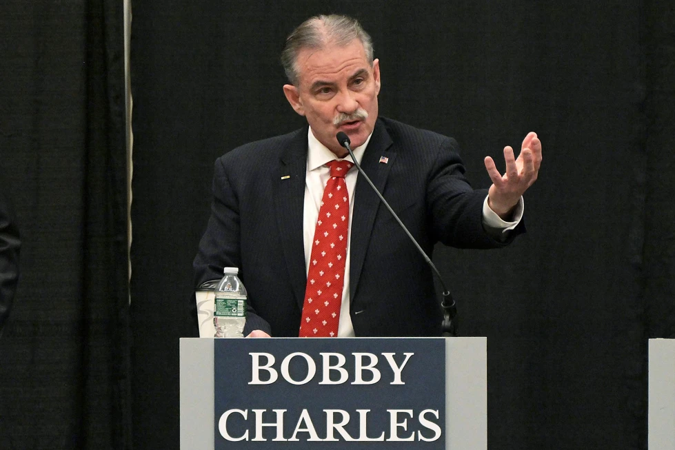 (Maine Republican gubernatorial candidate Bobby Charles fields a question during a debate of Republican candidates for governor in Bangor, Maine, on March 24, 2026. (Rich Abrahamson/The Central Maine Morning Sentinel via AP, File)