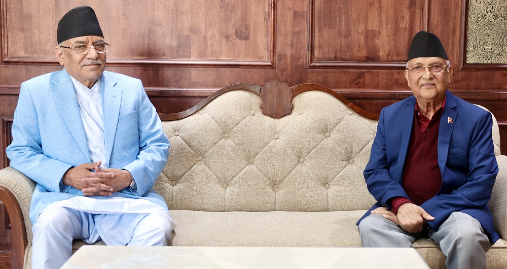 (NCP Coordinator Pushpa Kamal Dahal ‘Prachanda’ and UML Chairman KP Sharma Oli. Photo: RSS)