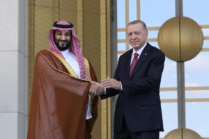 (Turkish President Recep Tayyip Erdogan, right, and Saudi Crown Prince Mohammed bin Salman shake hands during a welcome ceremony, in Ankara, Turkey, Wednesday, June 22, 2022.  AP File Photo: Burhan Ozbilici)