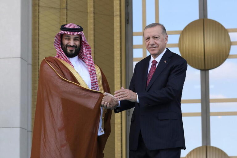 (Turkish President Recep Tayyip Erdogan, right, and Saudi Crown Prince Mohammed bin Salman shake hands during a welcome ceremony, in Ankara, Turkey, Wednesday, June 22, 2022.  AP File Photo: Burhan Ozbilici)