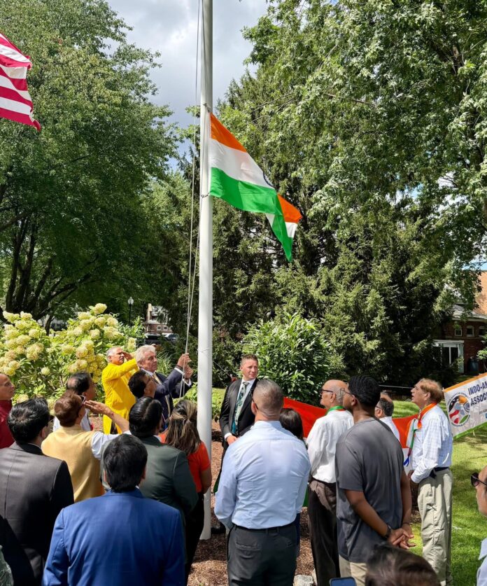 (India’s flag being hoisted to fly alongside the US flag, at the August 23, 2026 event hosted by Indo-American Seniors Association of Clifton, NJ.)