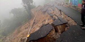 (The paved Deurali-Simichaur road leading to Resunga Airport in Gulmi, which collapsed this morning due to incessant rainfall. Photo: Janardan Ghimire.)