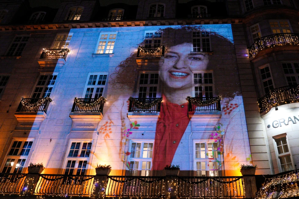 (A photo of Nobel Peace Prize recipient Narges Mohammadi is projected onto the wall of the Grand Hotel in central Oslo before the Nobel banquet on Dec. 10. 2023.  AP File Photo: Javad Parsa,  NTB Scanpix)