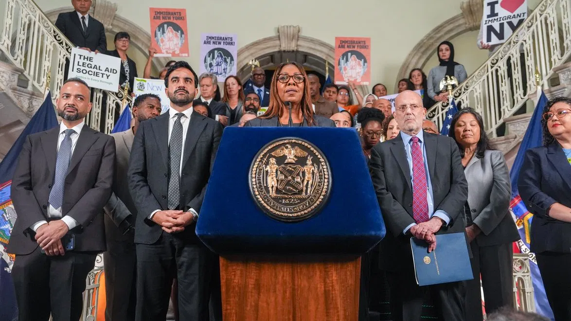(New York Attorney General Letitia James speaks during an announcement of a lawsuit filed by New York and 21 other states challenging the federal government's new public charge rule, on Monday, Sept. 14, 2026, in New York.  AP Photo: Ryan Murphy)