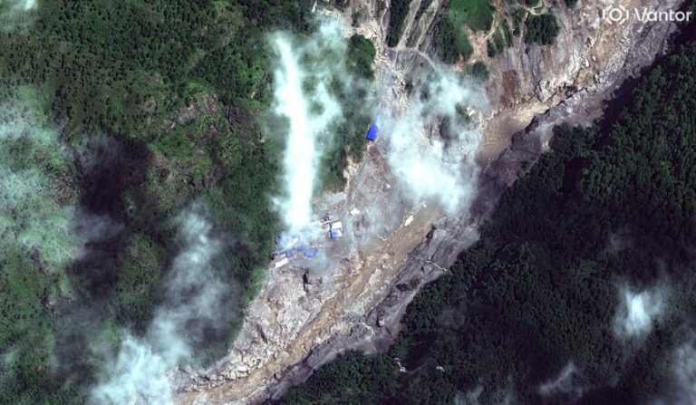 (Satellite images show bedrock and glacier collapsed on Nepal-China border, then rivers flooded. images Curtsy: Vantor via AP)