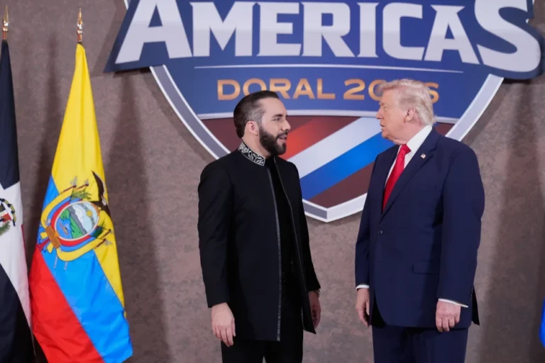 (President Donald Trump greets El Salvador’s President Nayib Bukele, left, at the Shield of the Americas Summit, March 7, 2026, at Trump National Doral Miami in Doral, Fla. (AP File Photo: Mark Schiefelbein)