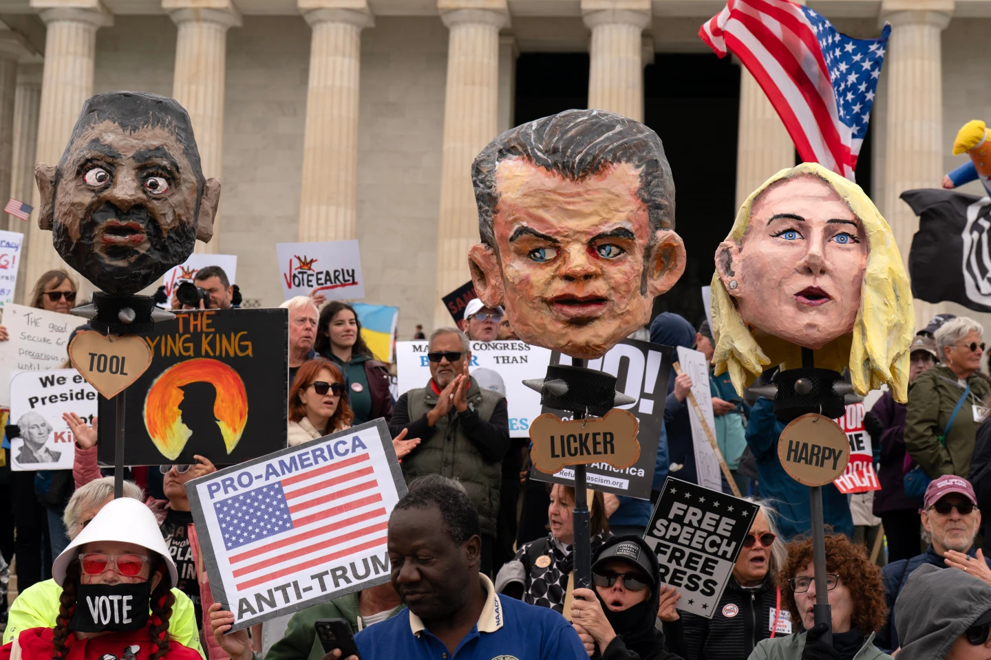 (Demonstrators rally at the Lincoln Memorial during a "No Kings" protest in Washington, Saturday Oct. 17, 2026. AP Photo: Jose Luis Magana)