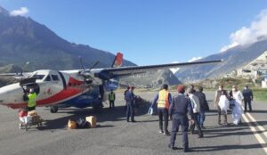 (Passengers arriving in Mustang aboard a Twin Otter aircraft operated by the private airline Summit Air. Photo: Harikrishna Sharma)