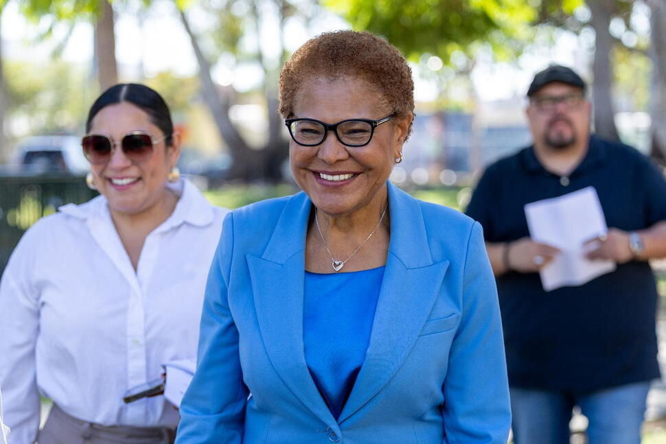(Los Angeles Mayor Karen Bass smiles at guests during a campaign event on Monday, Oct. 19, 2026, in Los Angeles.  AP Photo: Amanda Villegas)