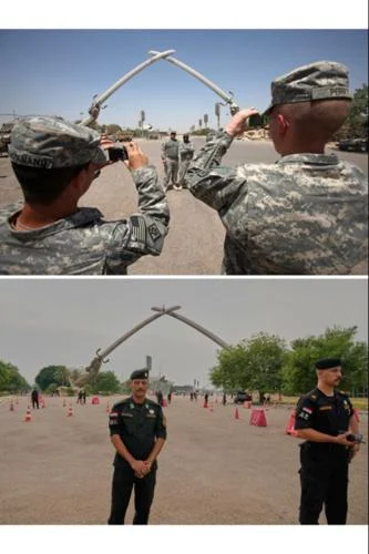(This combo shows U.S. Army soldiers from the 37th Engineer Company posing for a photograph at the Crossed Swords monument in Baghdad's green zone, Iraq, Wednesday, June 24, 2009, top, and Iraqi security forces standing guard there on Friday, Oct. 2, 2026, bottom. AP Photo:  Karim Kadim)